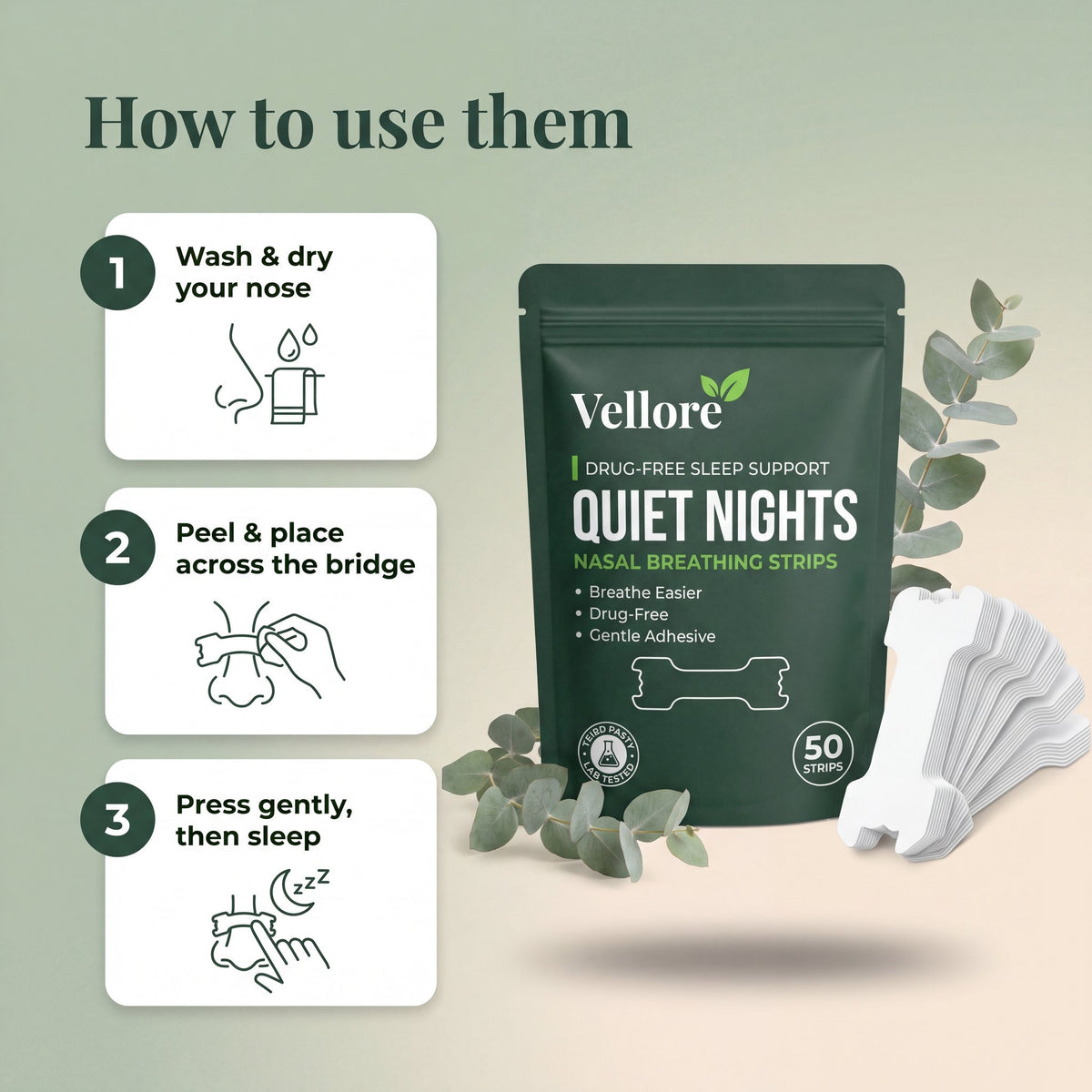 How to use: place the nasal strip across the bridge of the nose, just above the nostrils