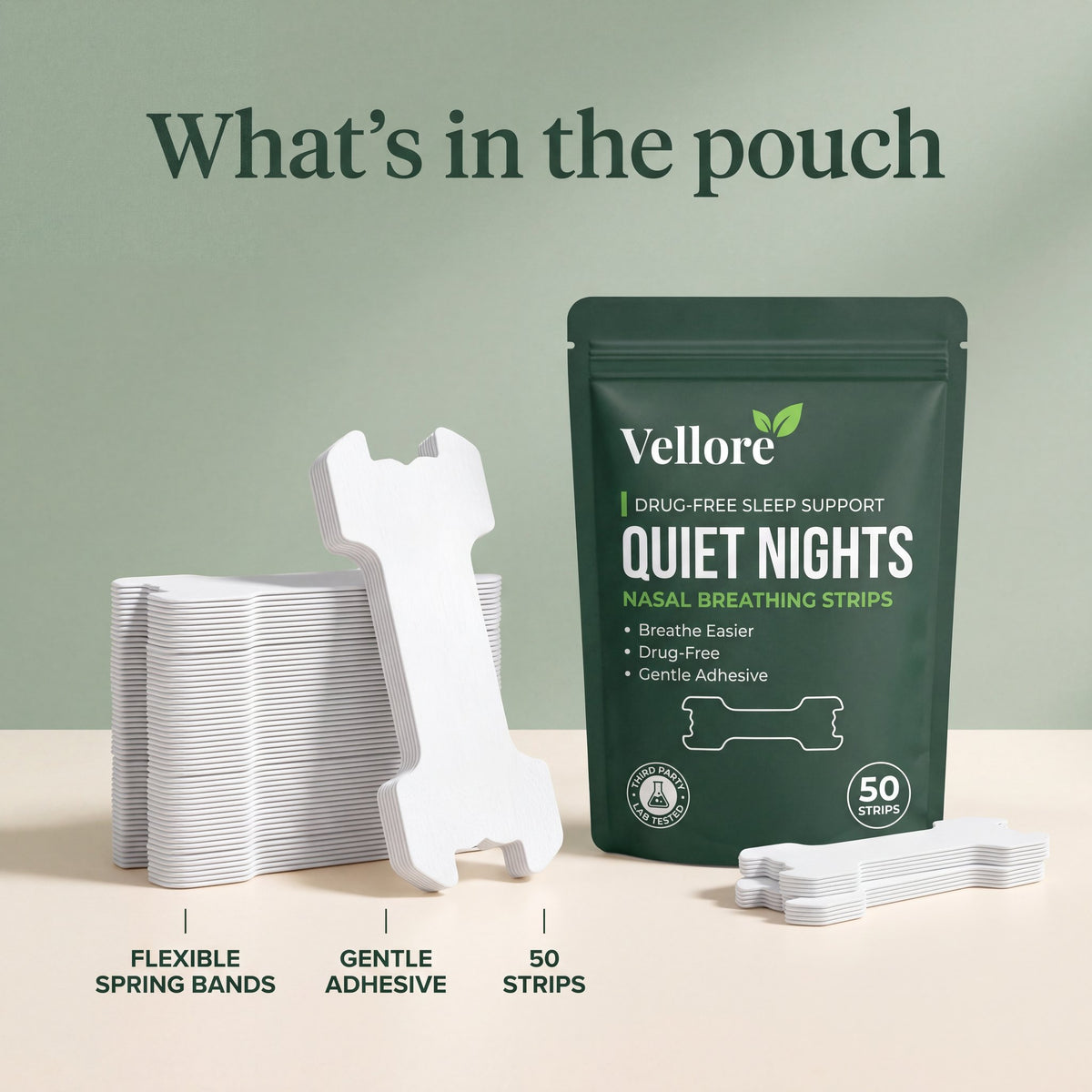 What's in the pouch: 50 Quiet Nights nasal strips with flexible spring bands and gentle adhesive