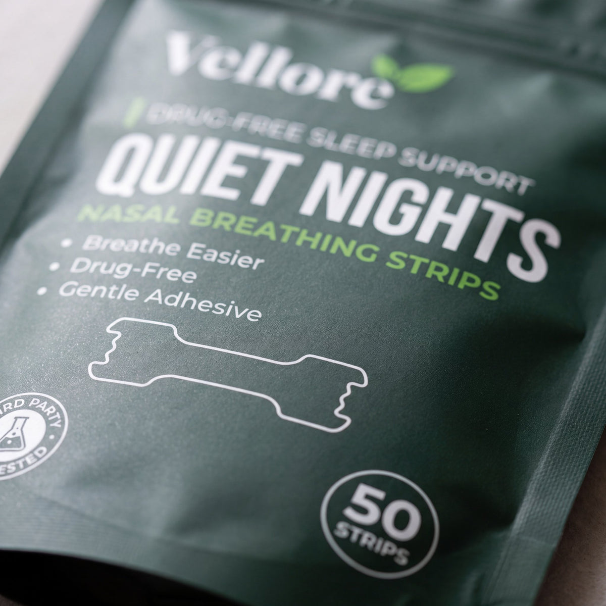 Close-up of the Quiet Nights Strips pouch label