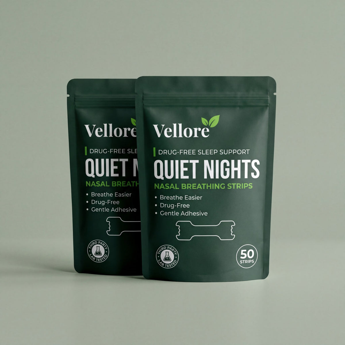 Two pouches of Vellore Quiet Nights Strips, 100 nasal strips in total