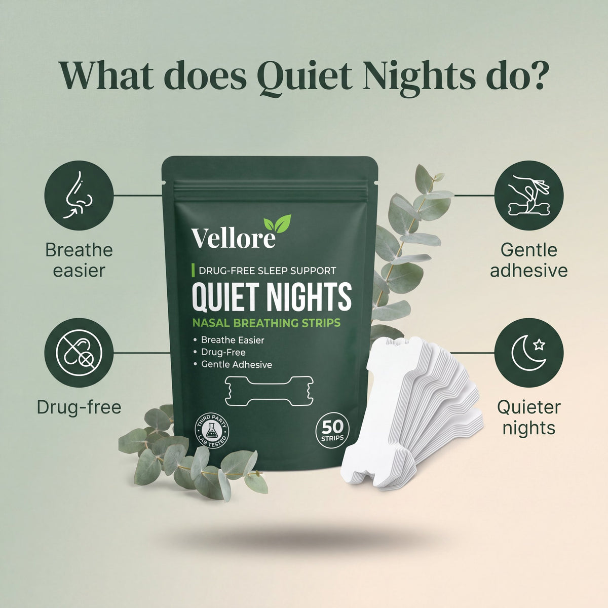 What Quiet Nights Strips do: easier nasal breathing and quieter nights, drug-free infographic