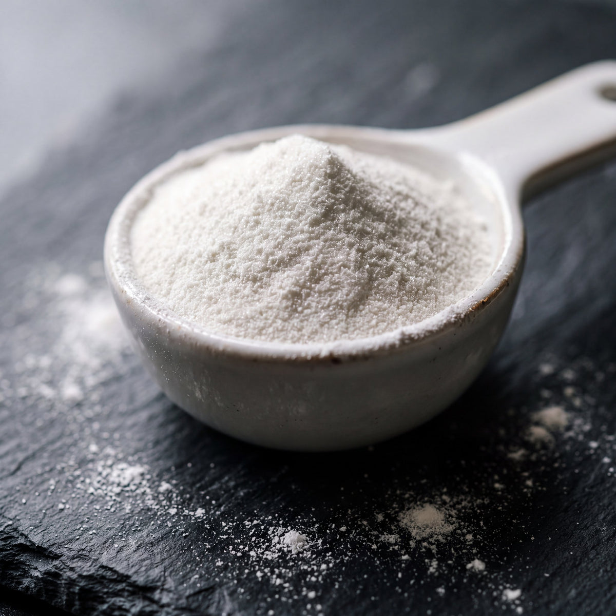 Fine, unflavoured micronized creatine monohydrate powder on a measuring scoop
