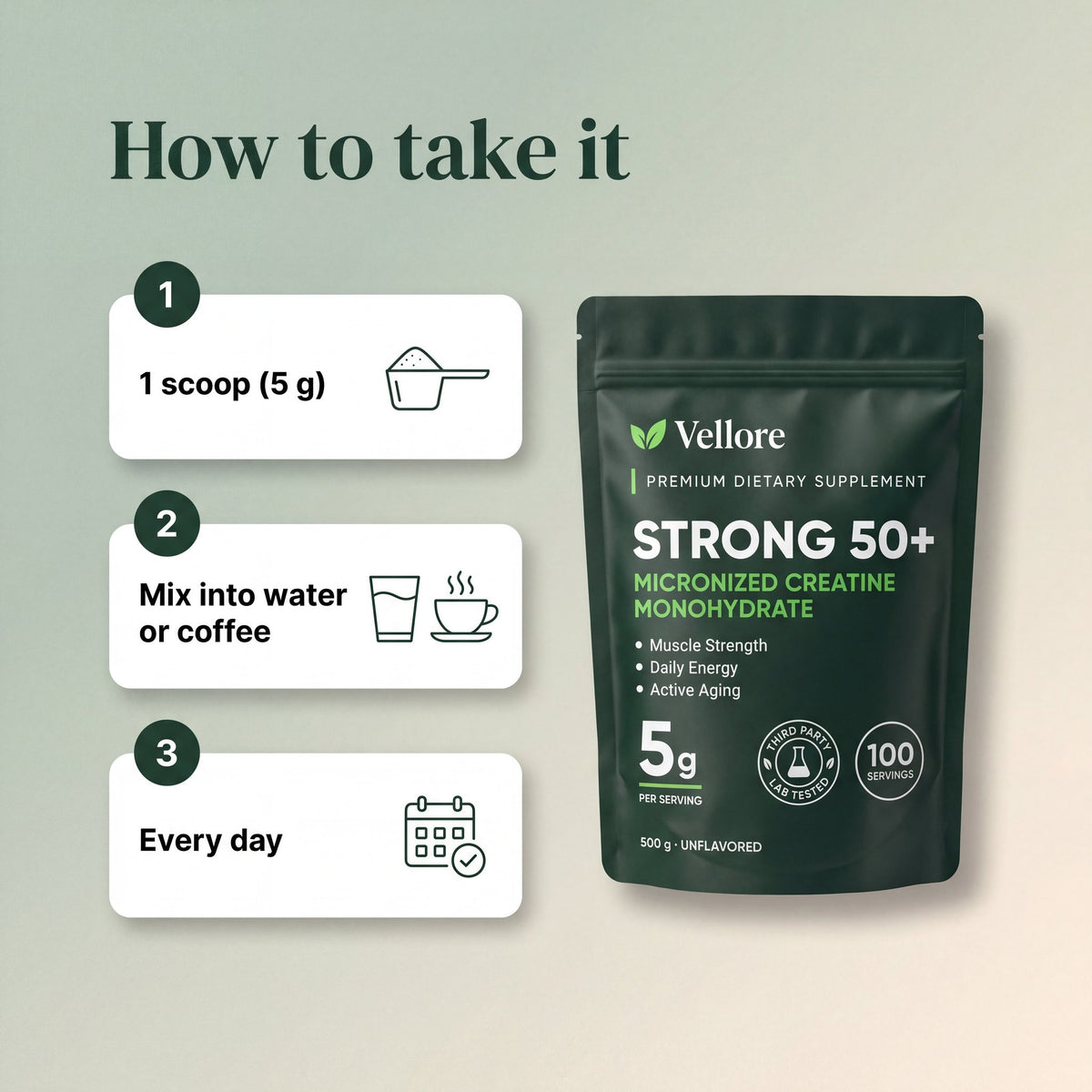 How to use Strong 50+: stir one 5 g scoop into water, coffee or a smoothie once a day