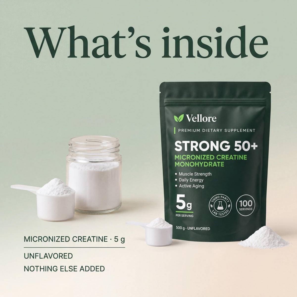 What's inside Strong 50+: 5 g micronized creatine monohydrate per scoop, nothing else added