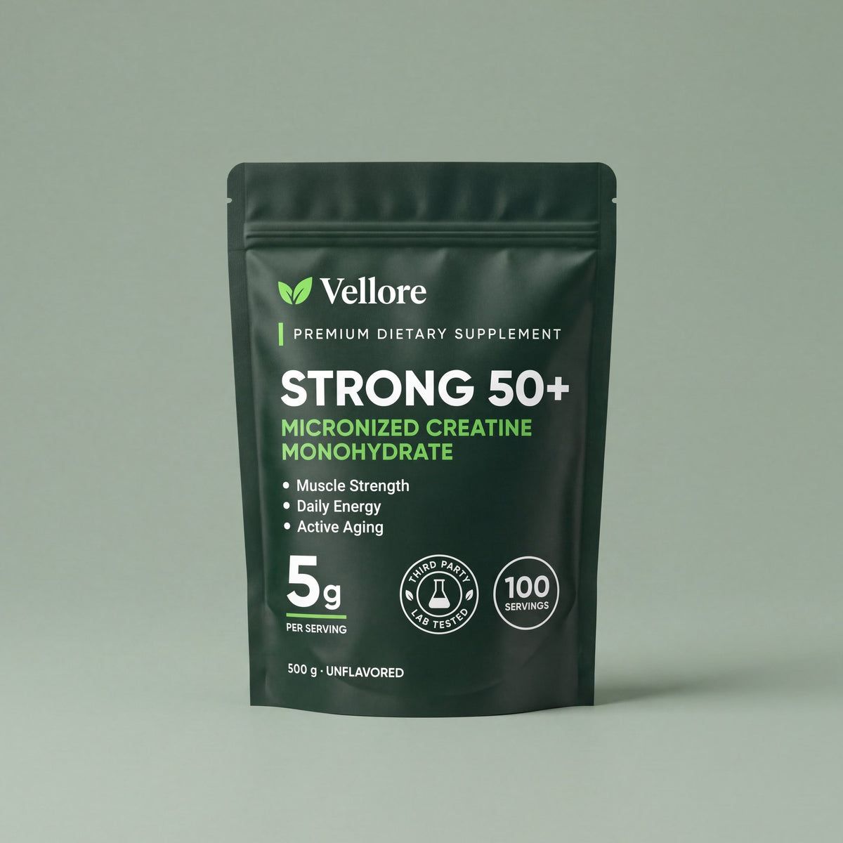 Vellore Strong 50+ pouch of micronized creatine monohydrate for over 50, 500 g with scoop
