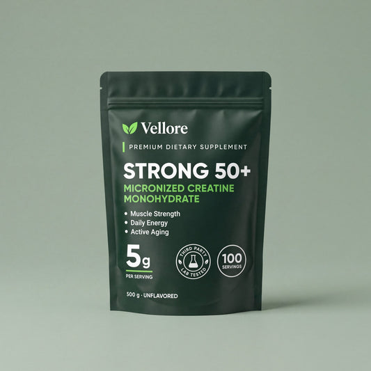 Vellore Strong 50+ pouch of micronized creatine monohydrate for over 50, 500 g with scoop