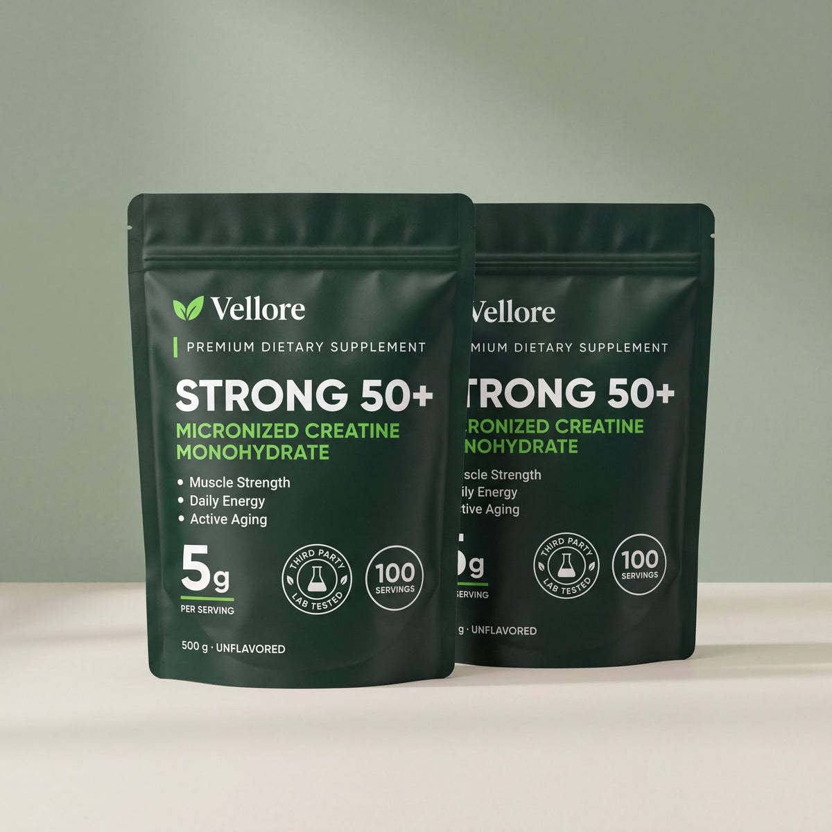 Two pouches of Vellore Strong 50+ creatine monohydrate, 200 servings