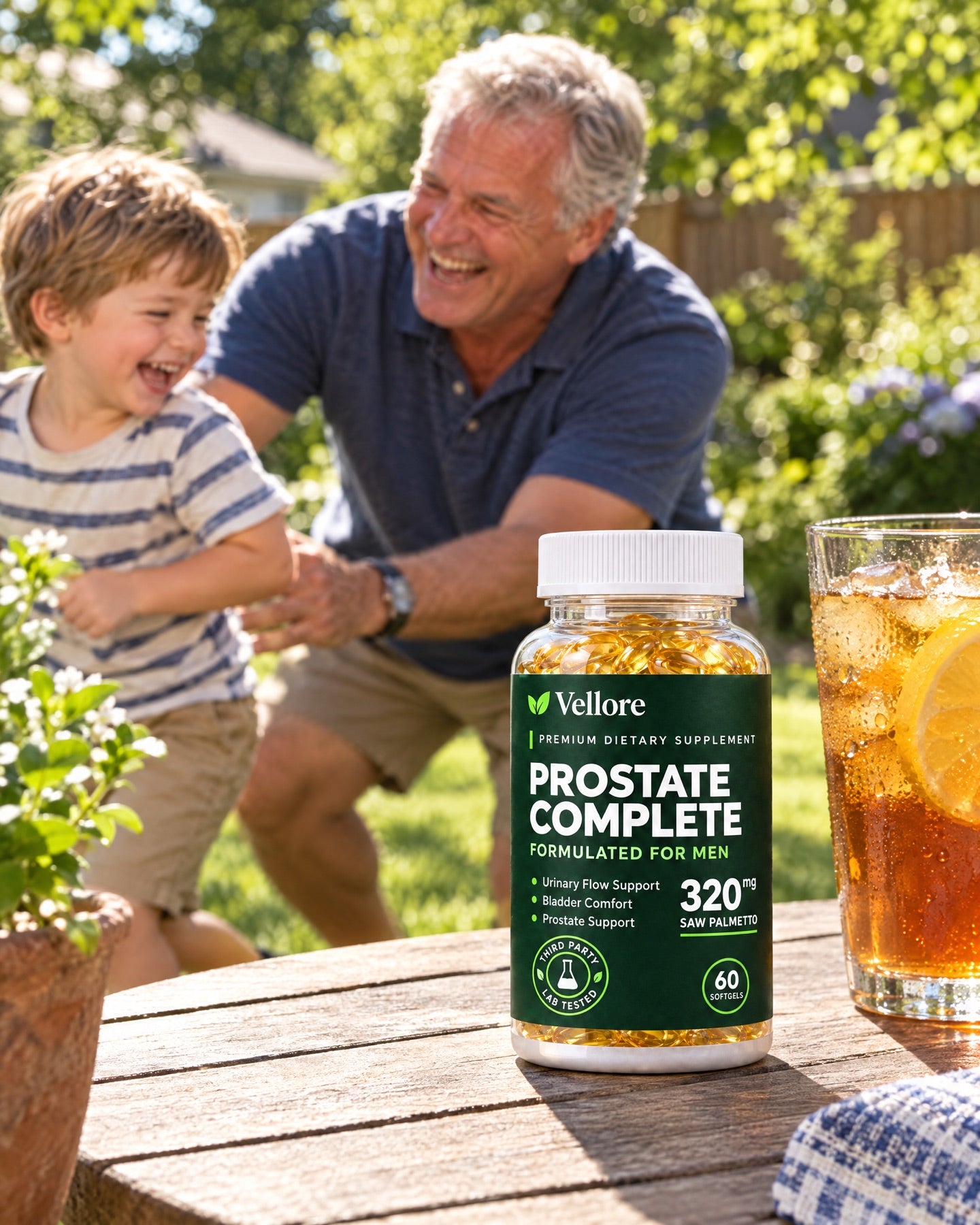 A grandfather laughing with his grandson in the garden