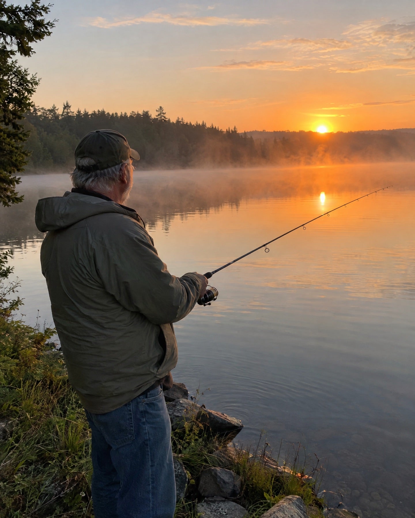 A man fishing on a misty lake at sunrise