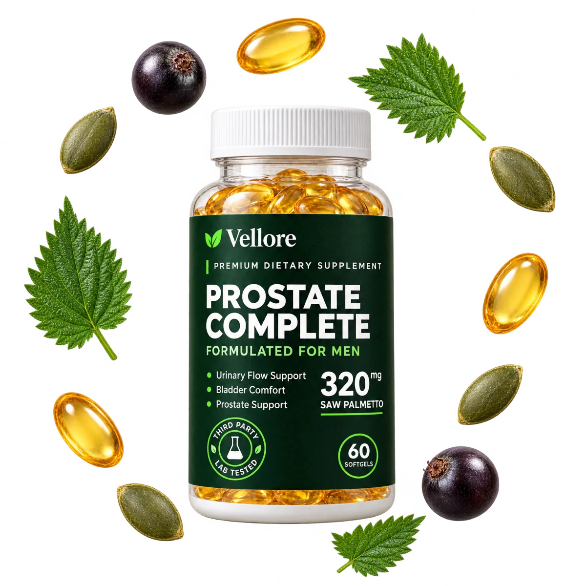 Vellore Prostate Complete bottle surrounded by saw palmetto berries, nettle leaves, pumpkin seeds and softgels