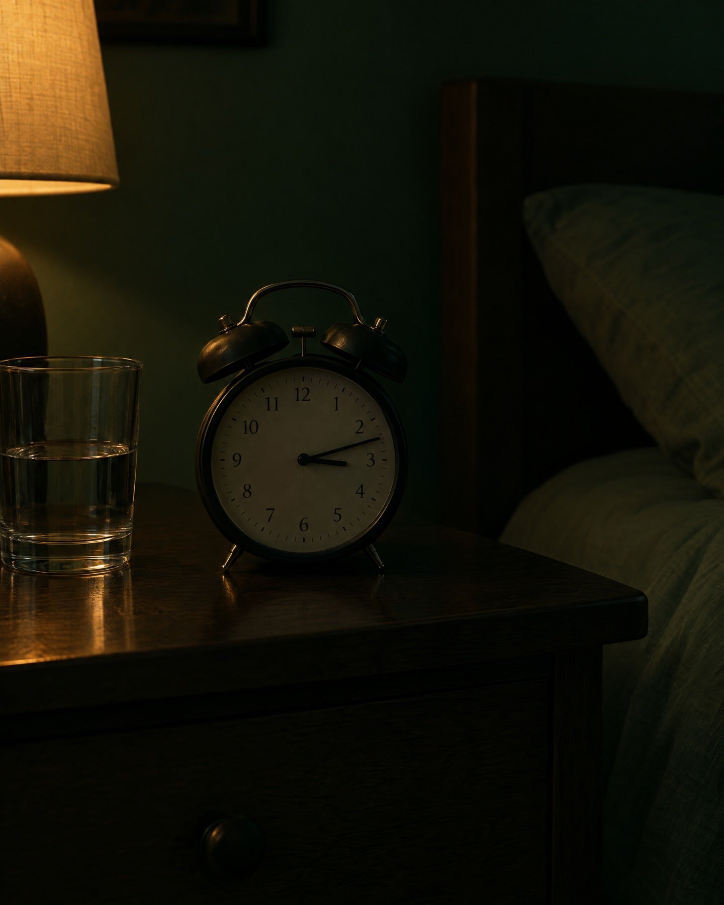 A bedside alarm clock in a dark bedroom in the early hours