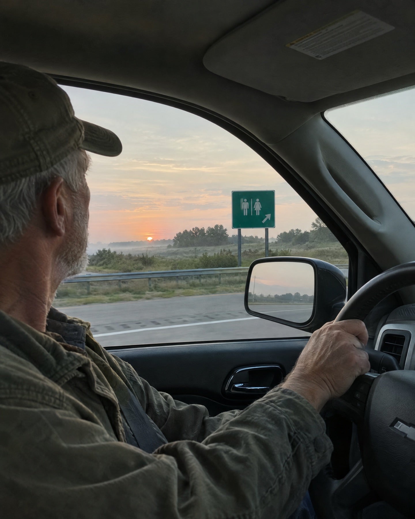 A man driving on the highway at sunset