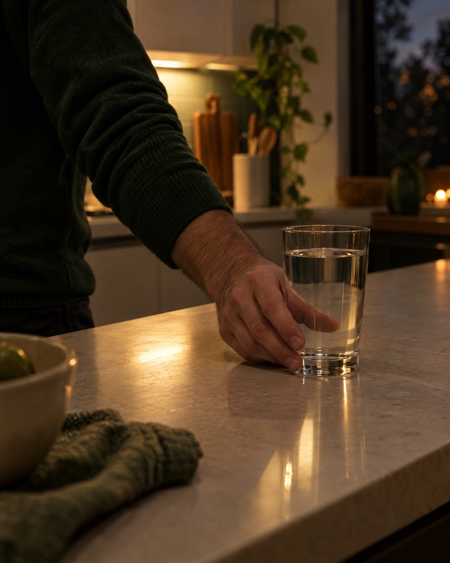 A hand setting down a glass of water on a kitchen counter at night