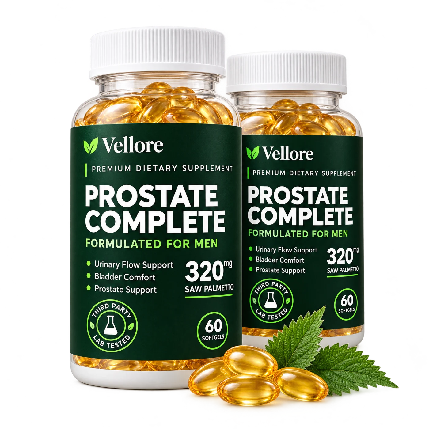 Two bottles of Vellore Prostate Complete with softgels and nettle leaves