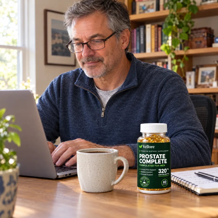 A man in his fifties at his home-office desk with coffee and the bottle